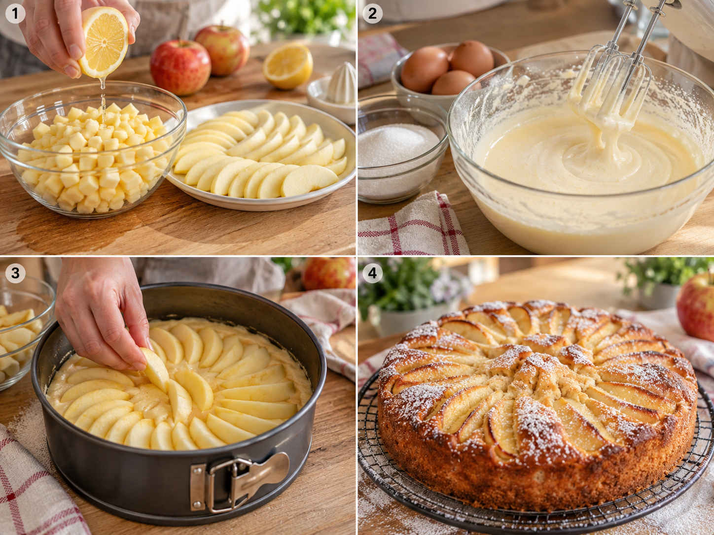 Vier Schritte für italienischen Apfelkuchen vom Schneiden bis zum Bestäuben