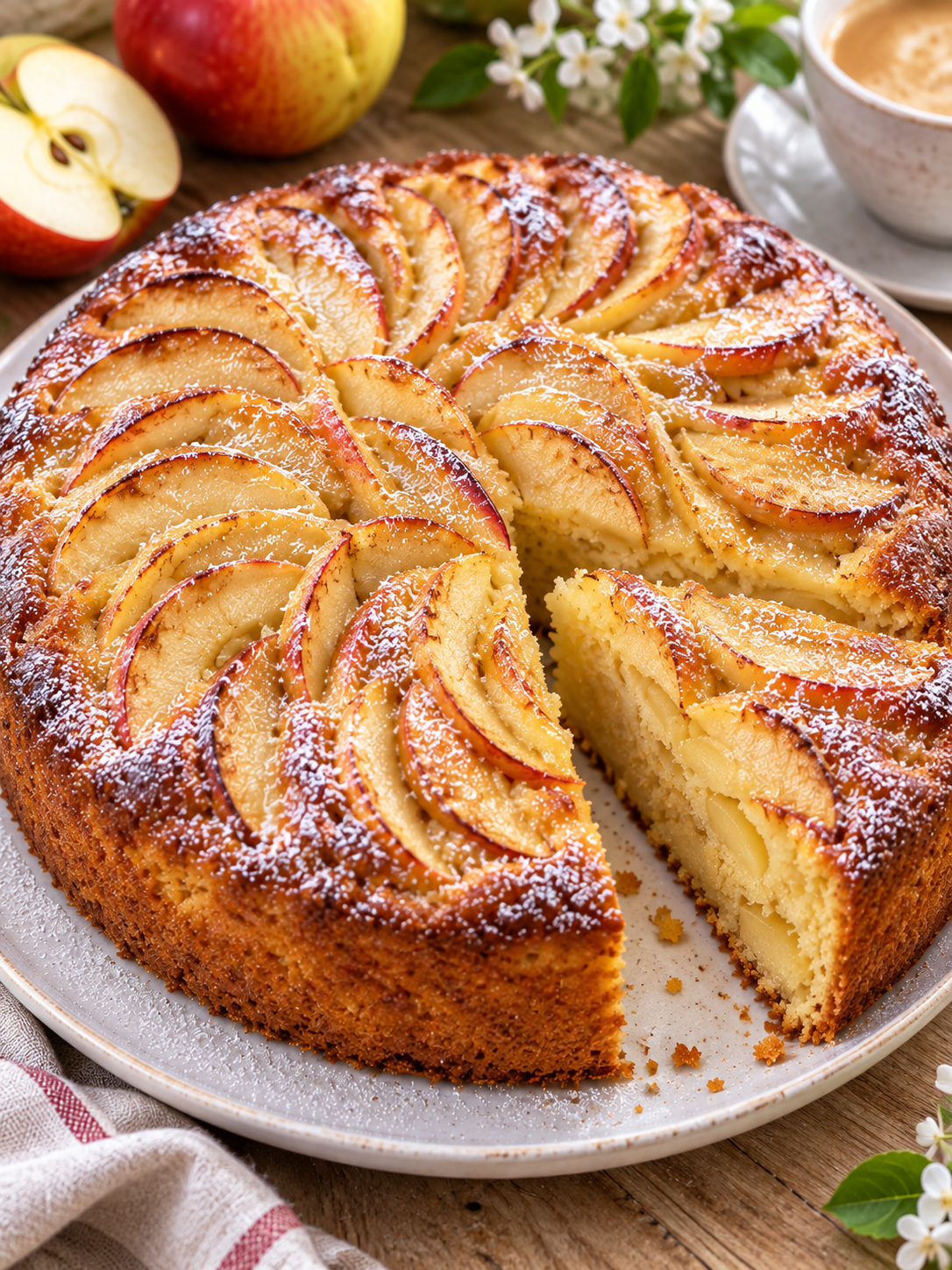 Runder italienischer Apfelkuchen mit Puderzucker und angeschnittenem Stück