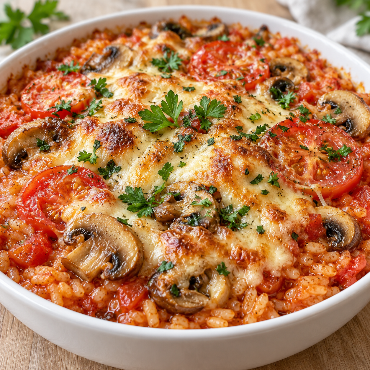 Italienischer Reistopf mit Champignons, Tomaten und geschmolzenem Käse