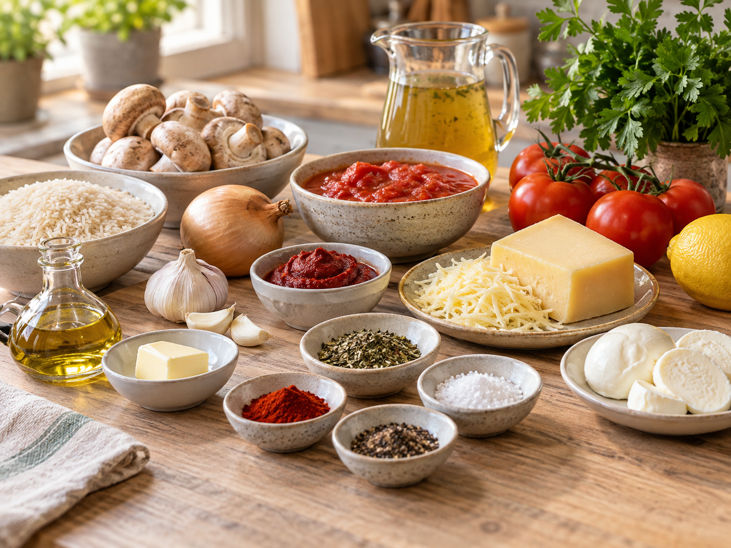 Zutaten für italienischen Reistopf mit Champignons, Tomaten und Käse