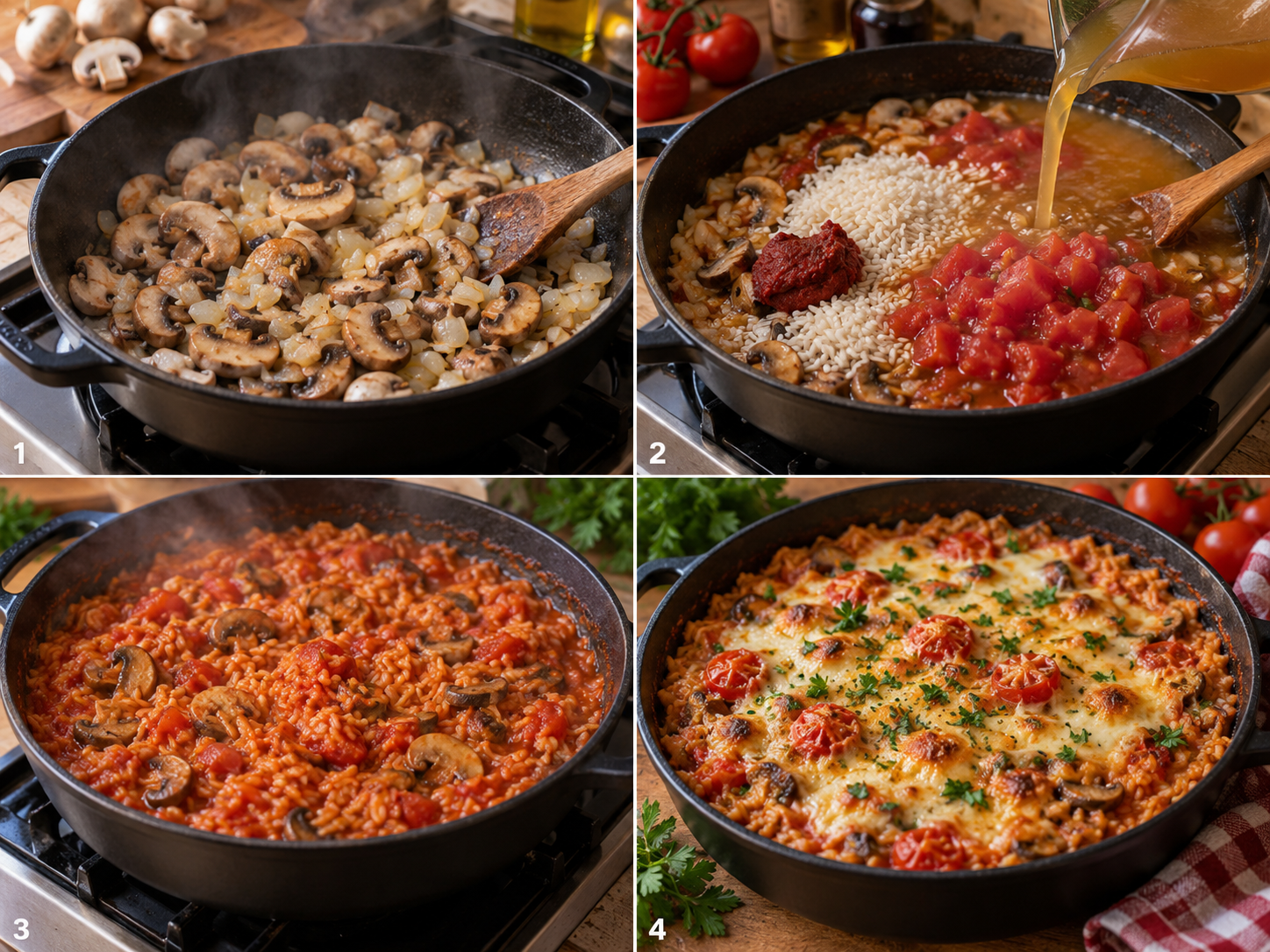 Vier Zubereitungsschritte für Reistopf mit Champignons, Tomaten und Käse