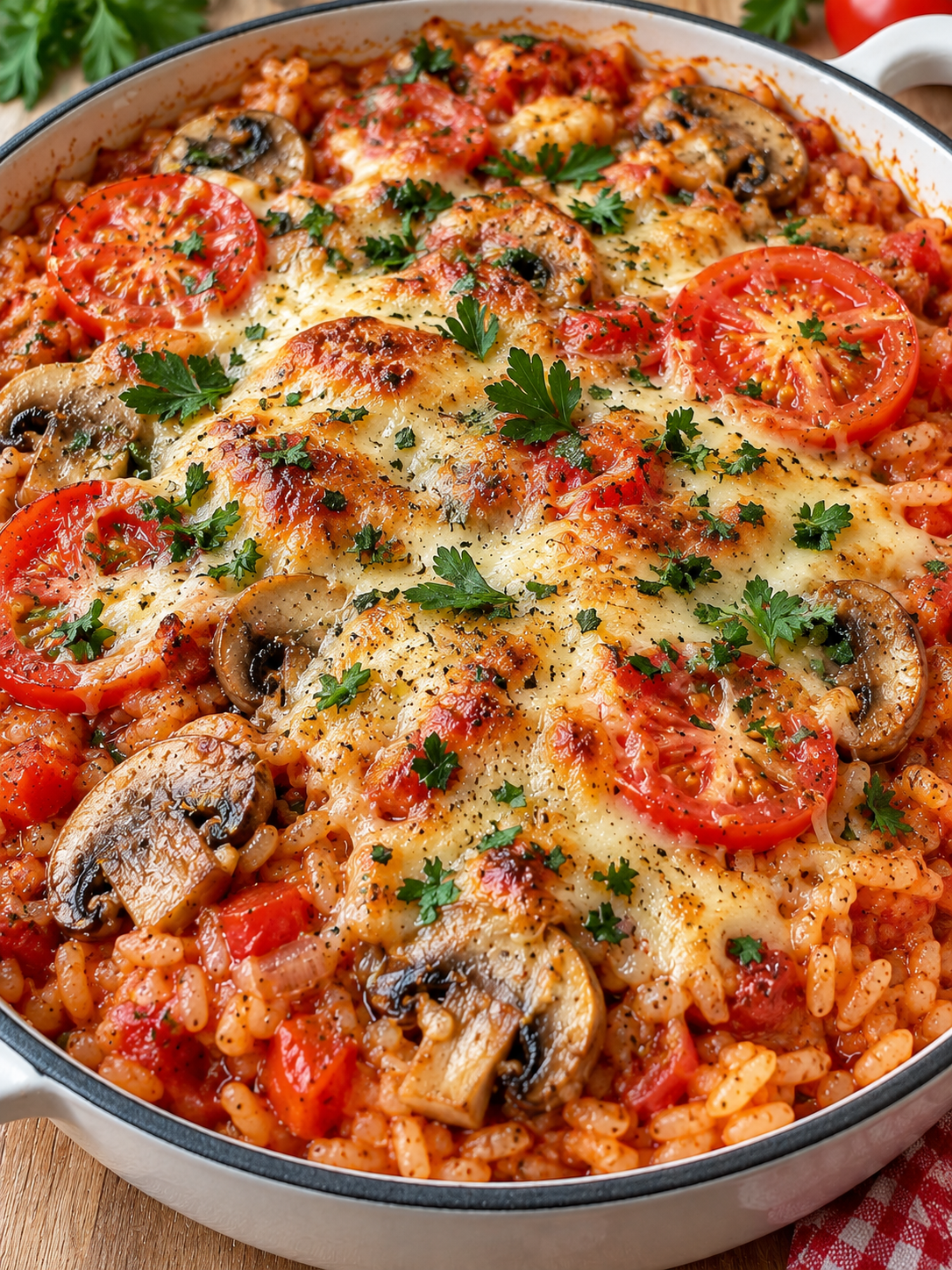 Reistopf mit Tomaten, Champignons, Petersilie und goldbraunem Käse