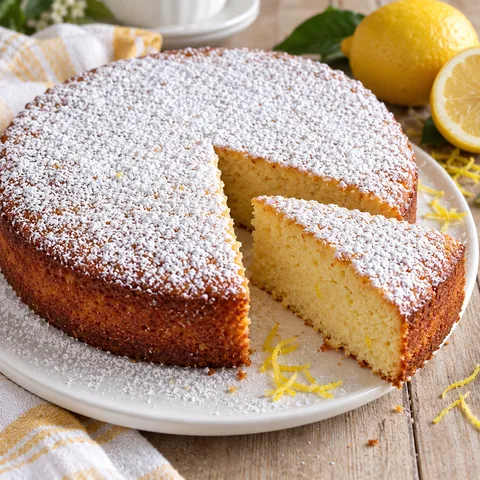 Italienischer Zitronen-Ricotta-Kuchen mit Puderzucker und frischer Zitrone