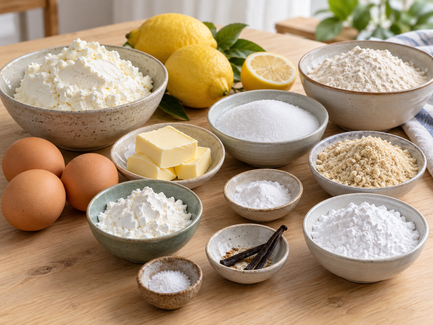 Zutaten für Zitronen-Ricotta-Kuchen mit Ricotta, Zitronen, Eiern und Mandeln
