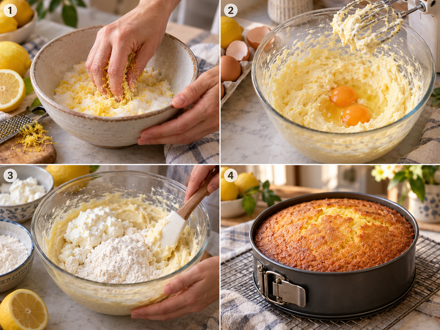 Vier Schritte beim Backen von Zitronen-Ricotta-Kuchen in der Küche