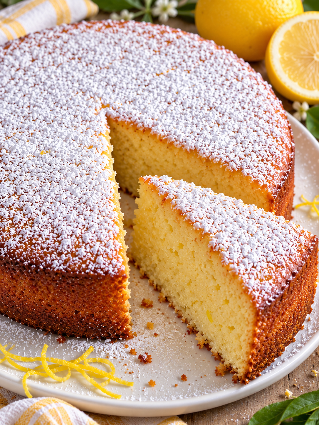 Zitronen-Ricotta-Kuchen mit Puderzucker und angeschnittenem Stück