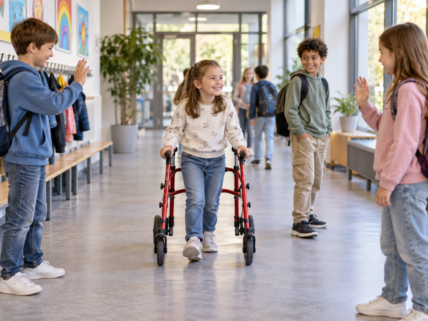 Ein barrierearmer Schulflur, in dem ein Kind mit Gehhilfe freundlich und selbstverständlich einbezogen wird.