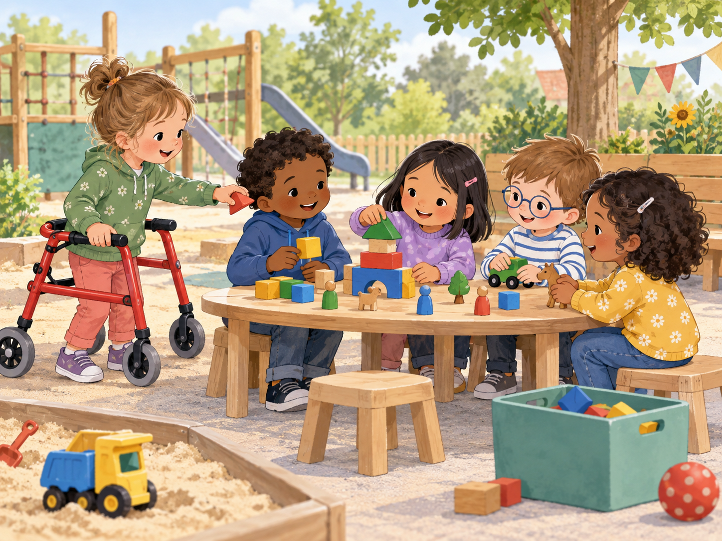 Kinder spielen gemeinsam an einem niedrigen Tisch, während ein Kind mit roter Gehhilfe selbstverständlich einbezogen wird.