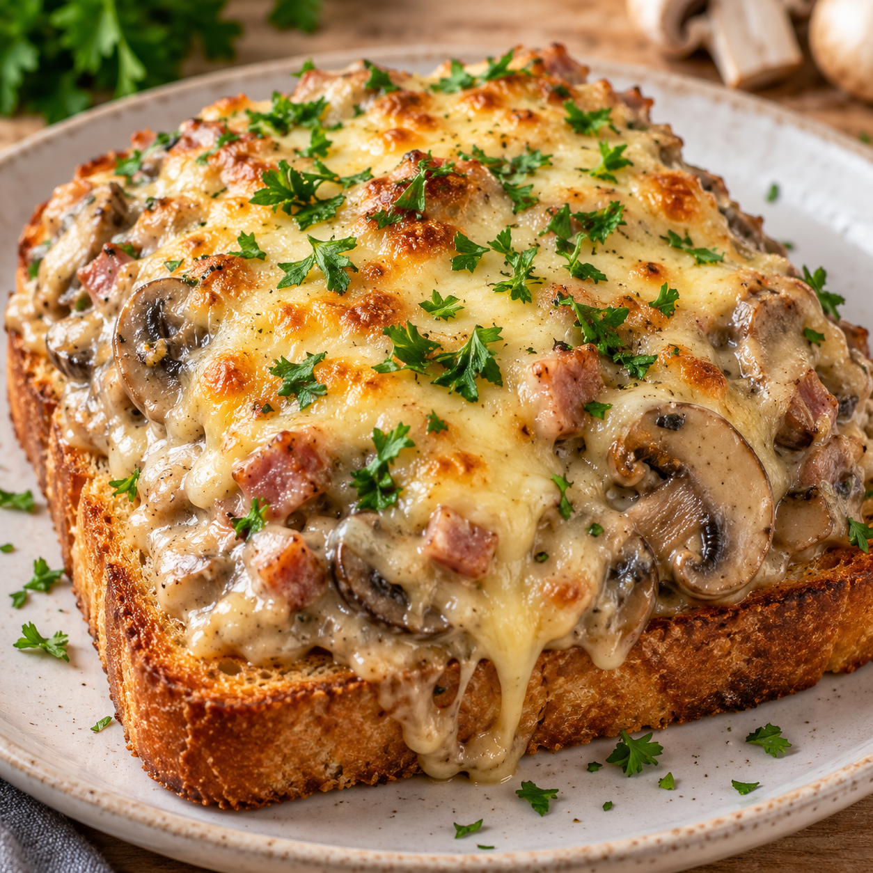 Jägertoast mit Pilzsauce, Schinken und goldbraunem Käse