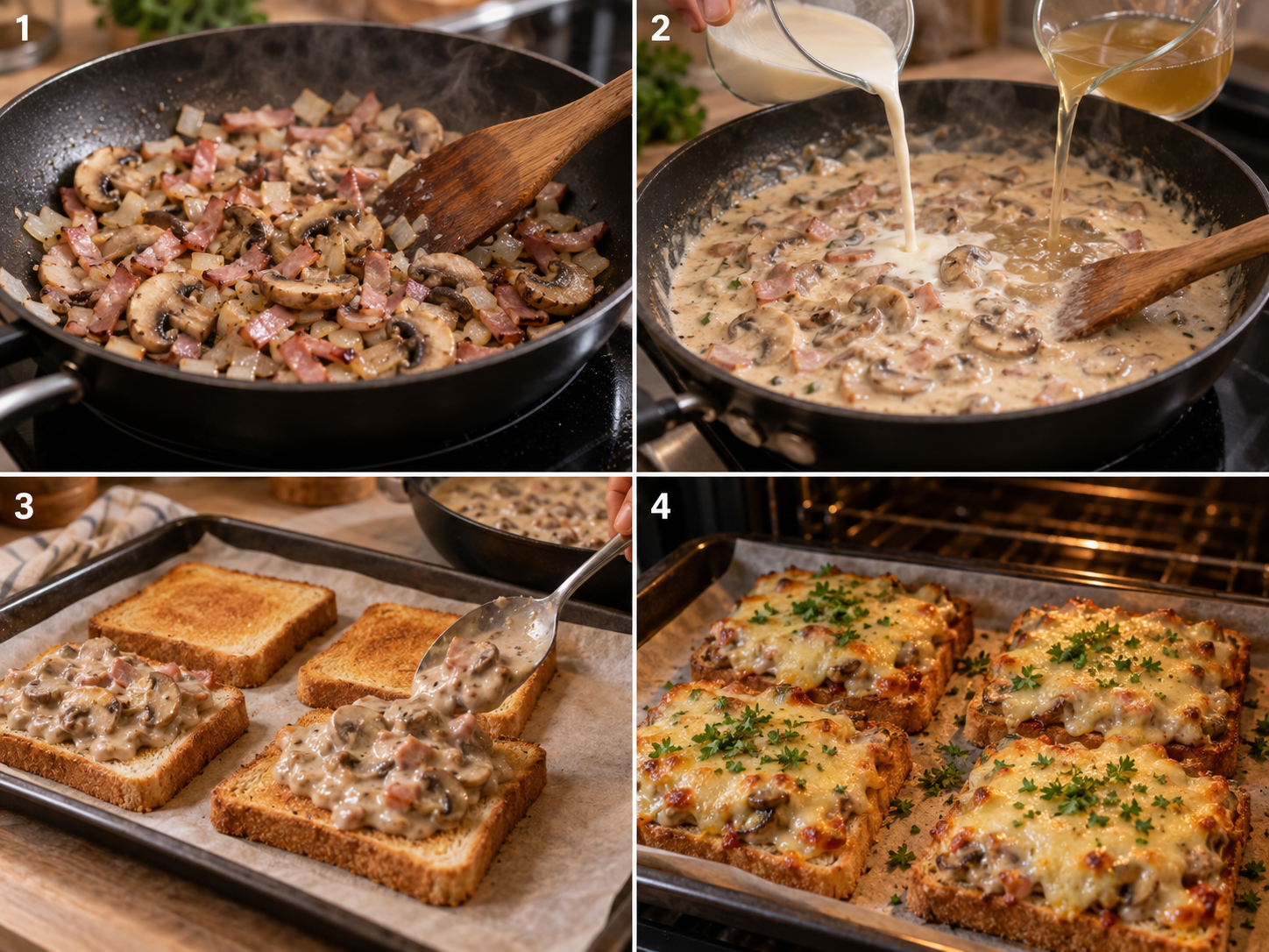 Vier Schritte für Jägertoast mit Pilzsauce und Käse