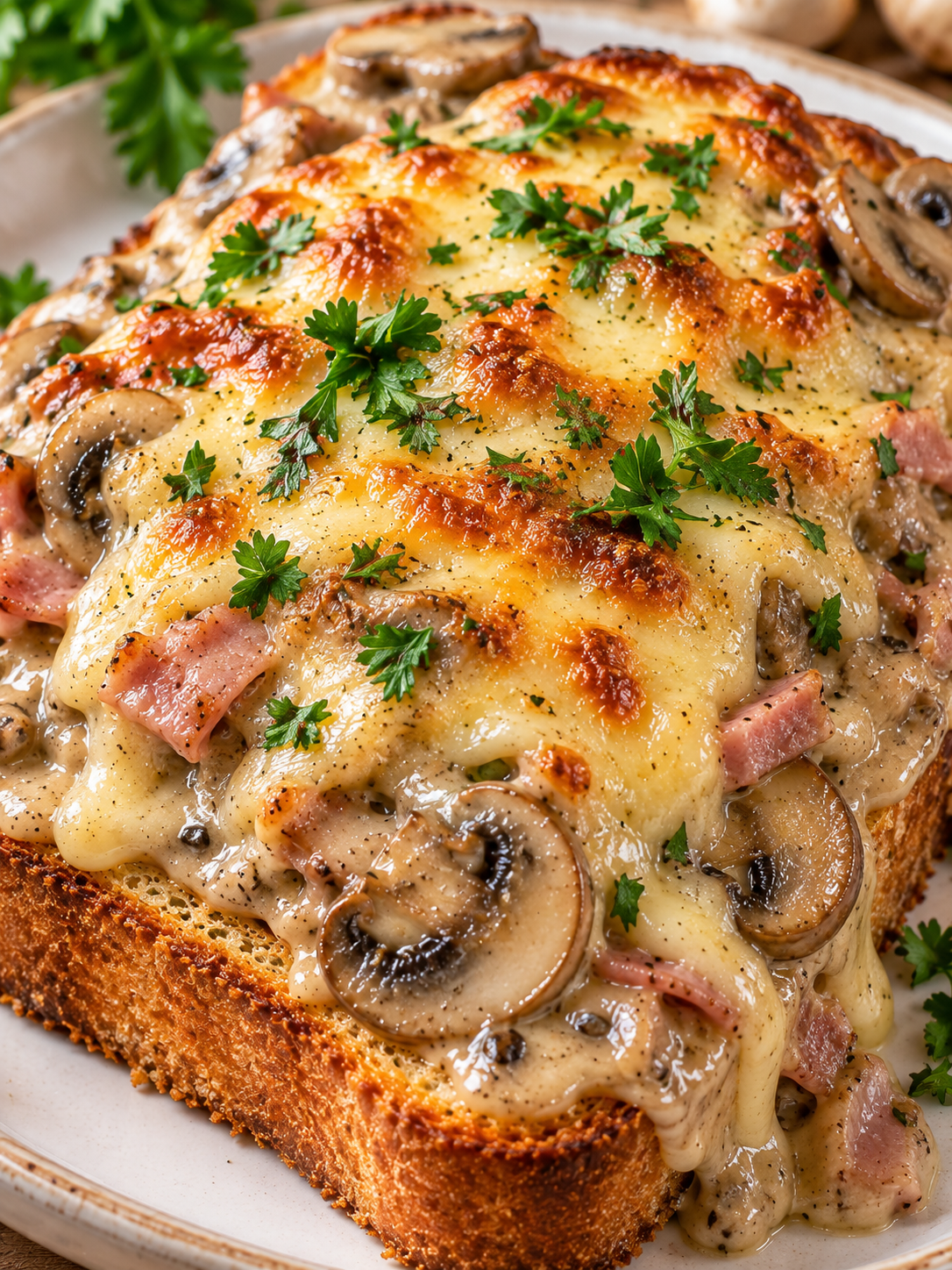 Überbackener Jägertoast mit Pilzsauce, Schinken und Petersilie