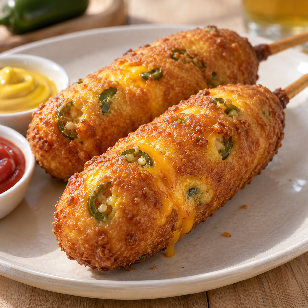 Goldbraune Jalapeño-Cheddar-Corn-Dogs mit Senf und Ketchup