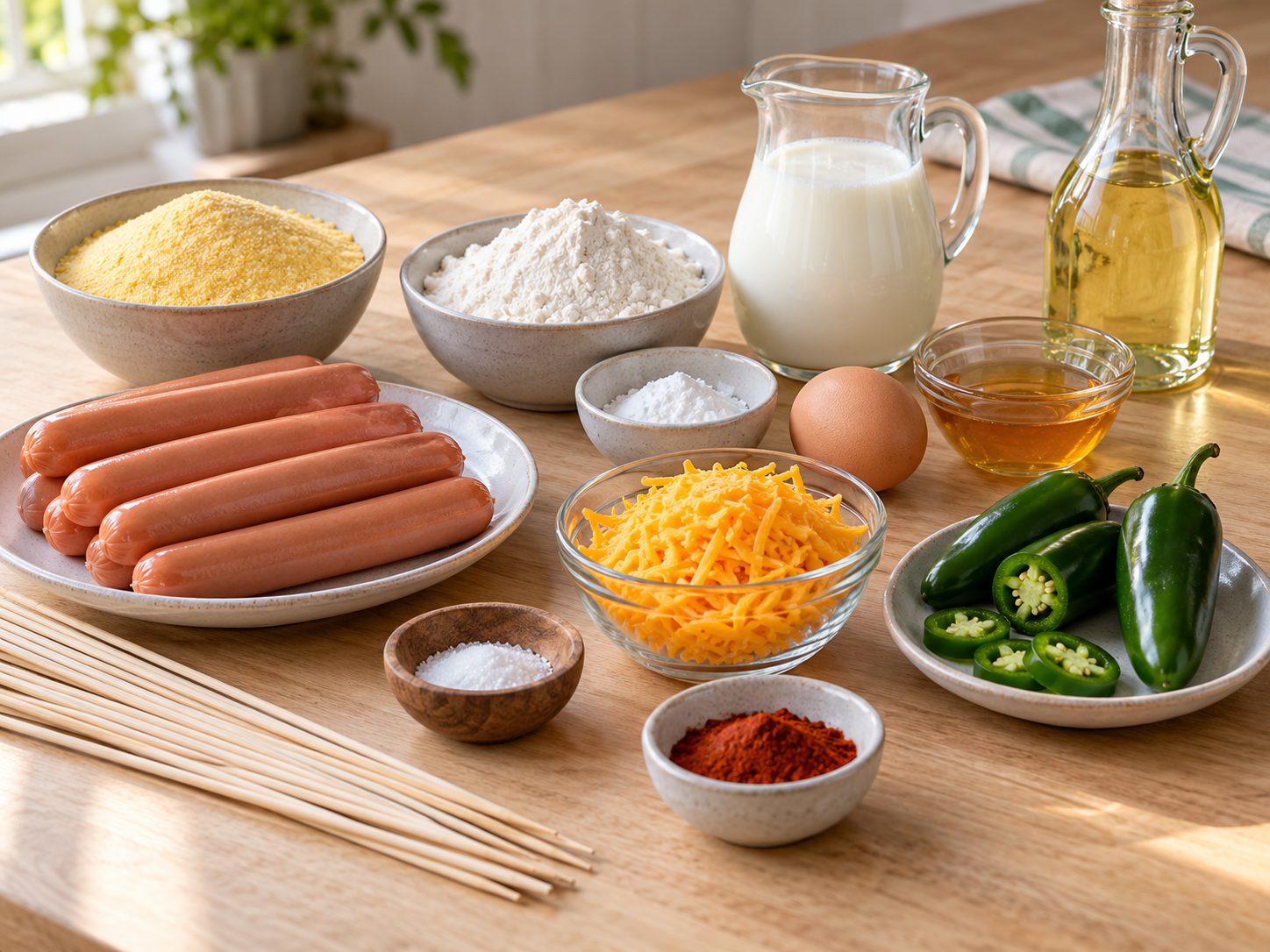 Zutaten für Jalapeño-Cheddar-Corn-Dogs mit Maisgrieß und Cheddar