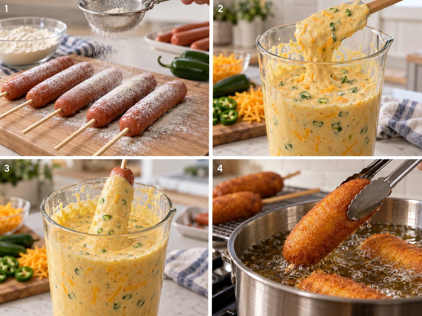 Vier Schritte für Jalapeño-Cheddar-Corn-Dogs vom Bestäuben bis zum Frittieren