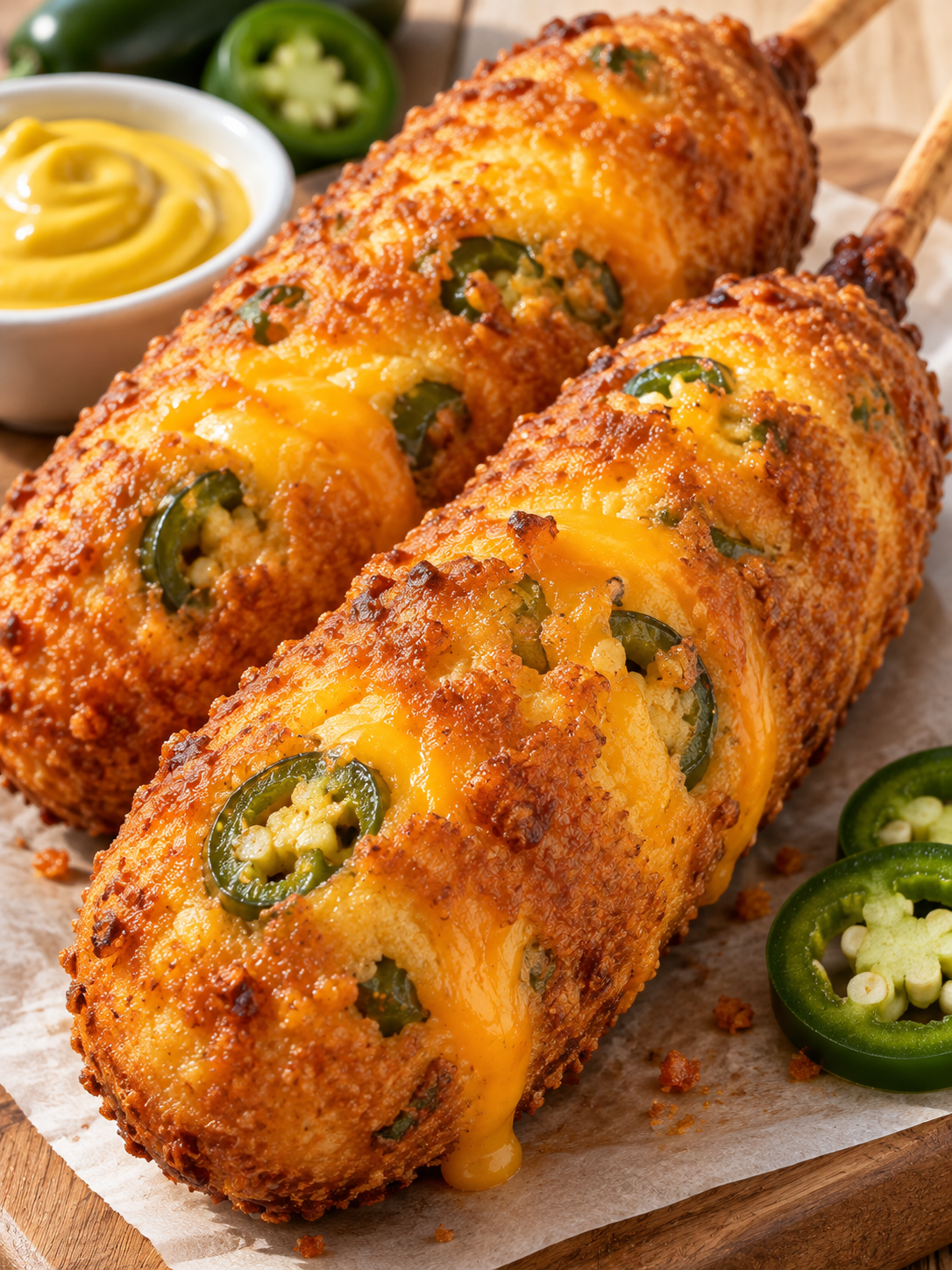 Knusprige Jalapeño-Cheddar-Corn-Dogs mit Senf-Dip