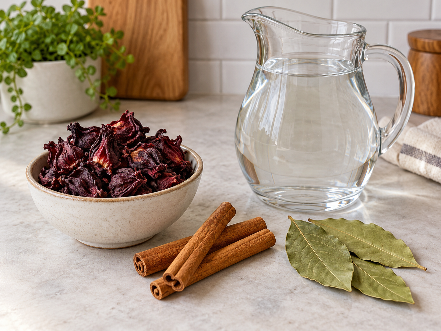Zutaten für Jamaika-Wasser: getrocknete Roselle, Zimtstangen, Lorbeer und Wasser.