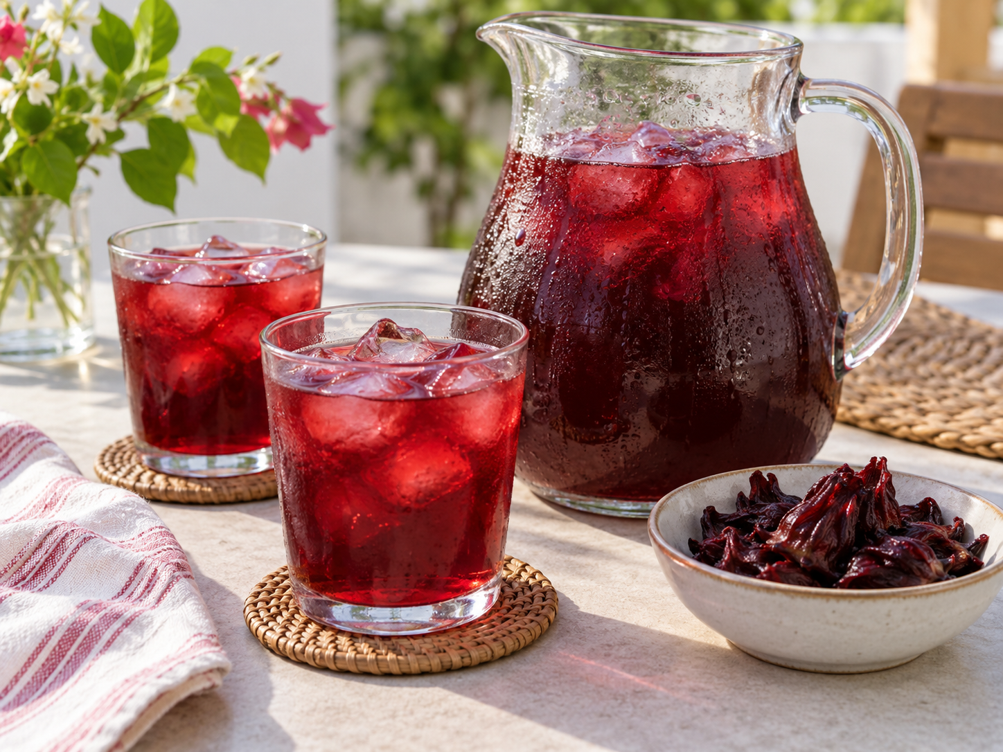Gekühltes Jamaika-Wasser in Krug und Gläsern auf einem hellen Tisch.