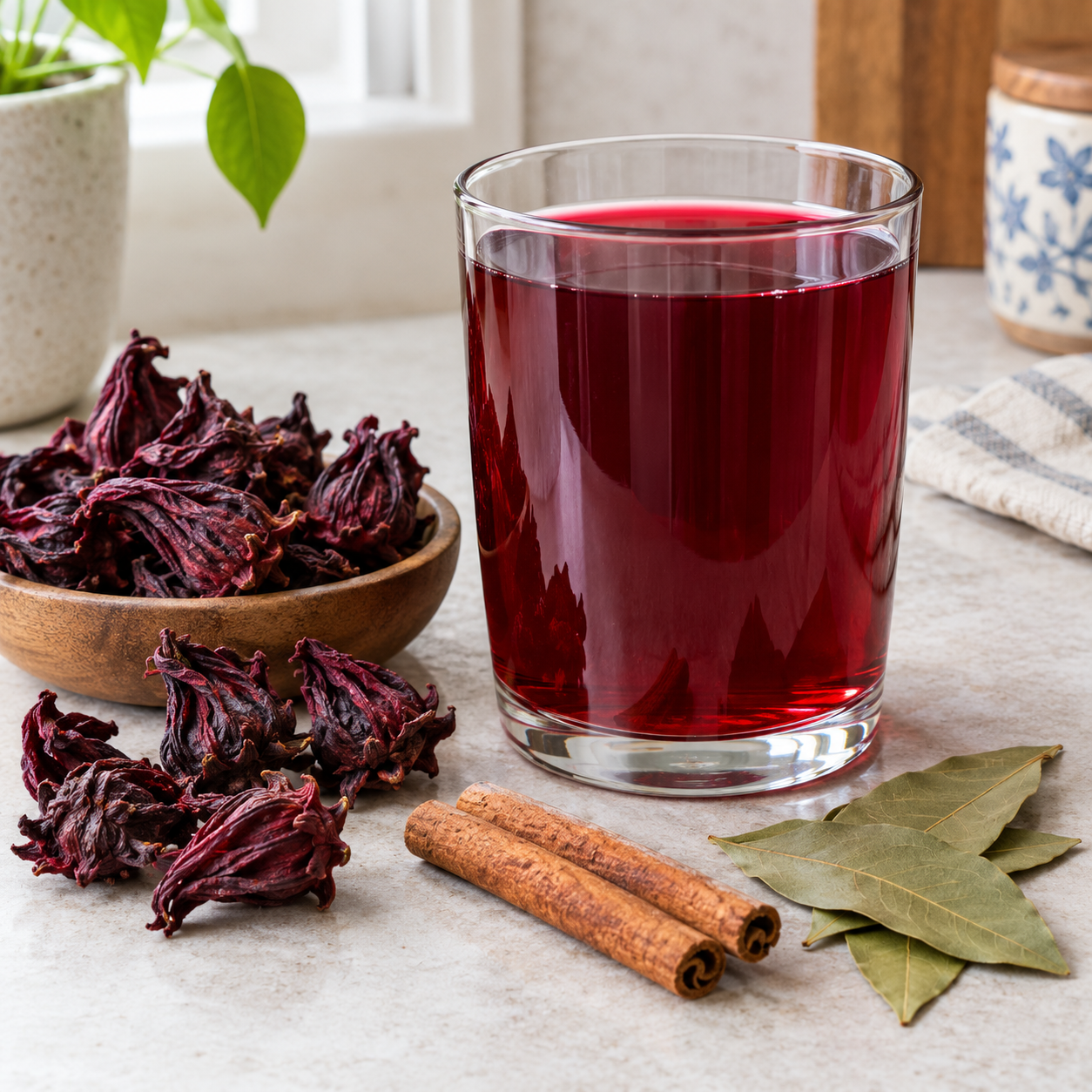 Ein Glas tiefrotes Hibiskuswasser mit Roselle-Kelchen, Zimtstangen und Lorbeerblättern.
