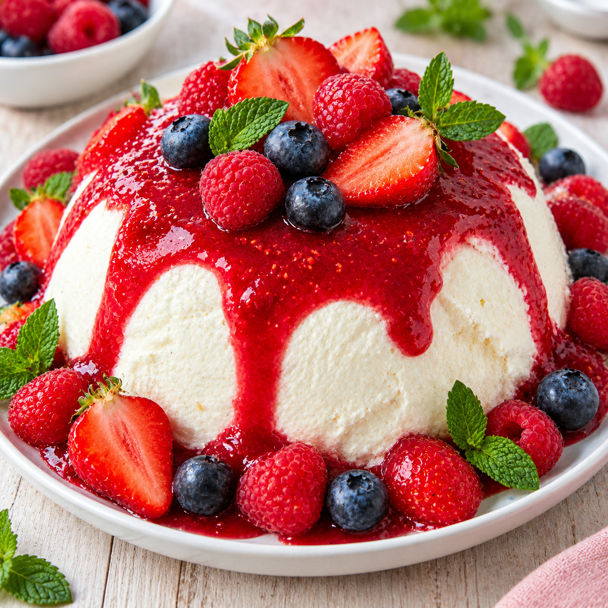 Joghurtbombe mit Beerensauce und frischen Beeren