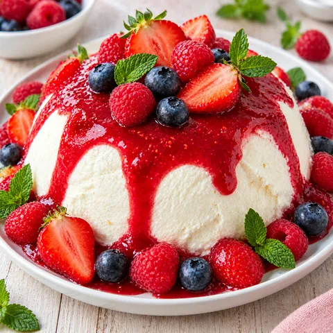 Joghurtbombe mit Beerensauce und frischen Beeren