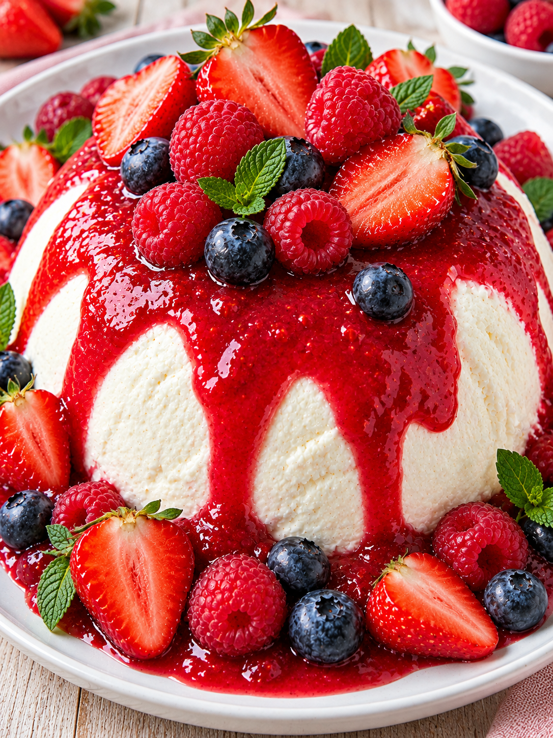 Joghurtbombe mit roter Beerensauce und frischen Beeren