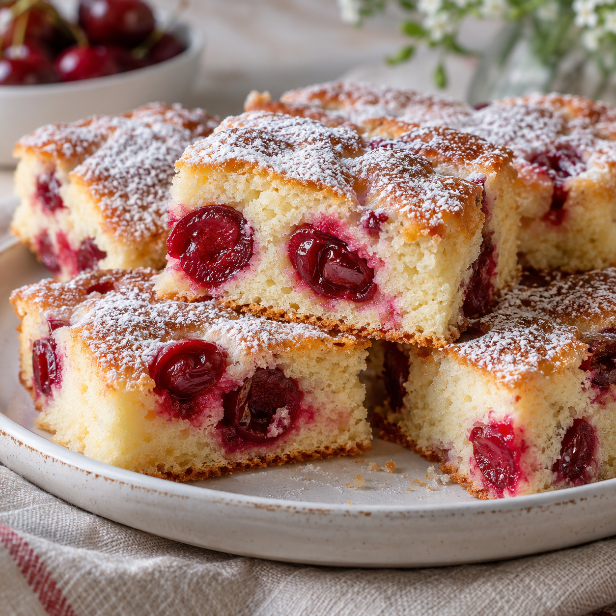 Joghurtkuchen mit Kirschen und Puderzucker auf hellem Teller