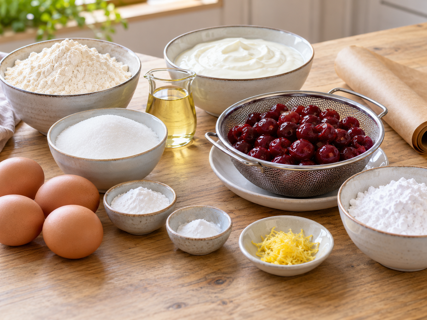 Zutaten für Joghurtkuchen mit Kirschen auf heller Holzfläche