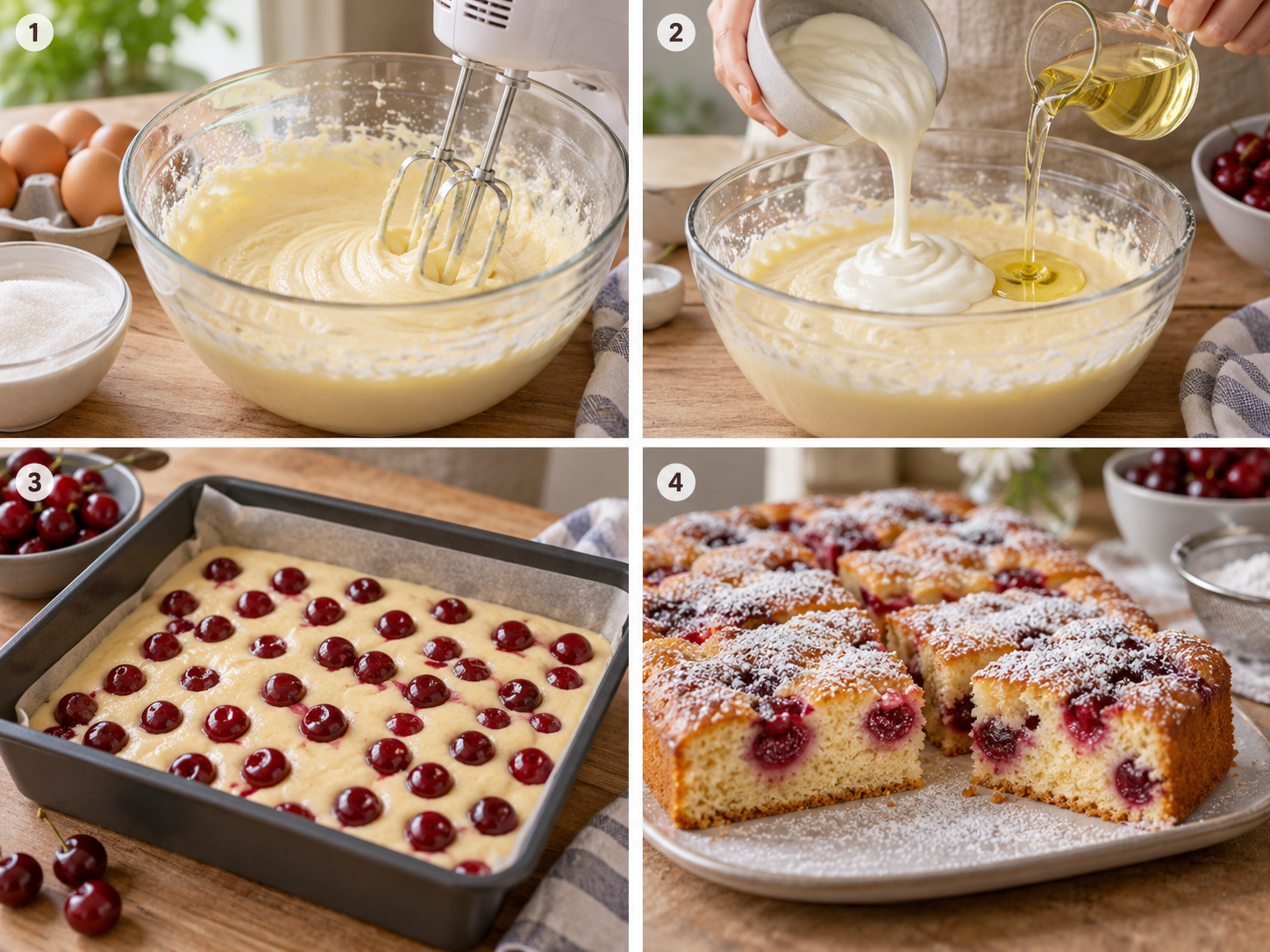 Vier Schritte für Joghurtkuchen mit Kirschen vom Rühren bis zum Backen