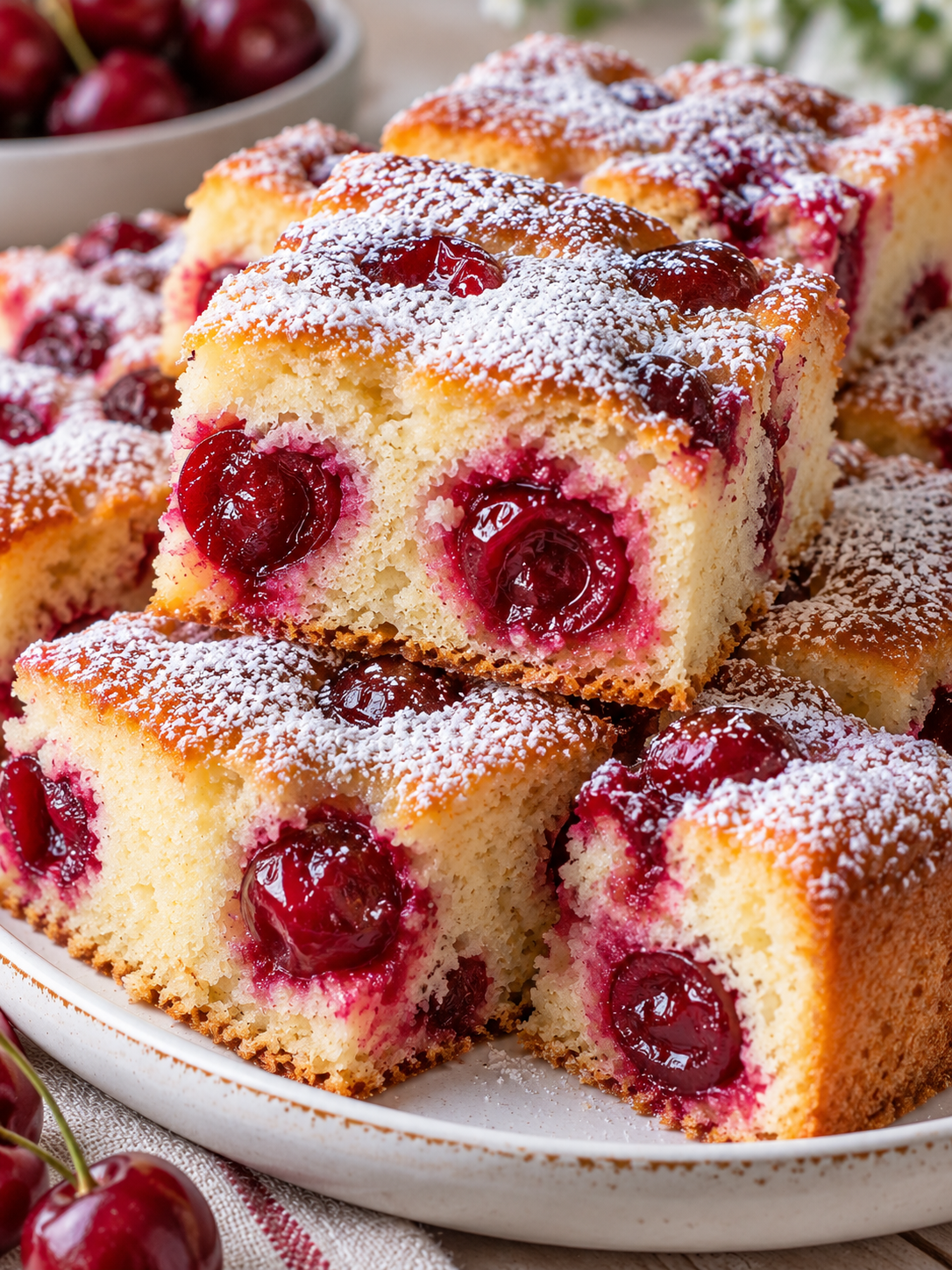 Saftige Stücke Joghurtkuchen mit Kirschen und Puderzucker