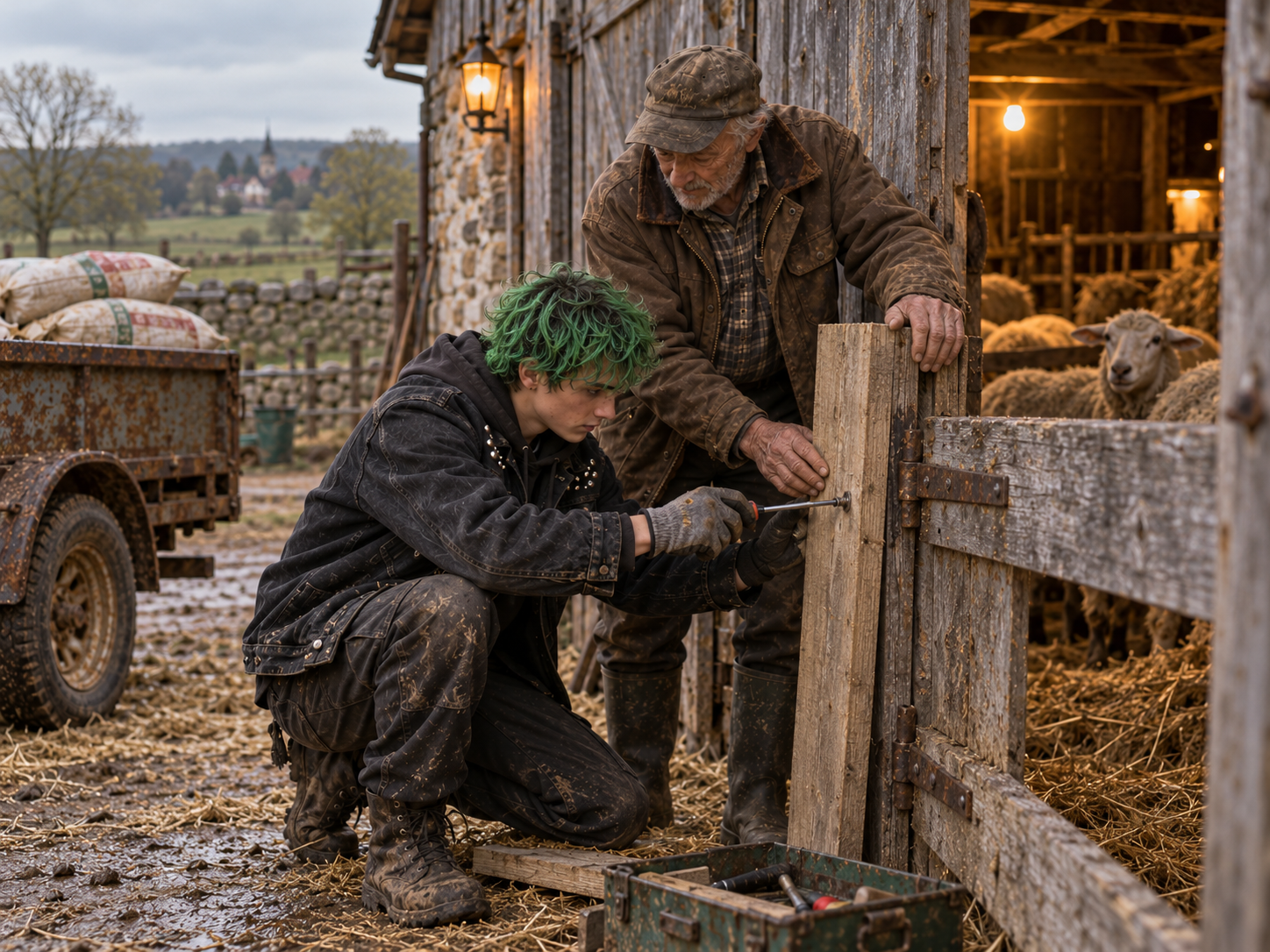 Finn und Jakob reparieren gemeinsam die alte Stalltür.