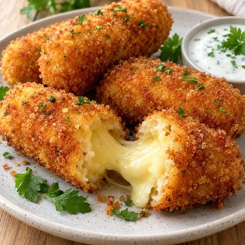 Goldbraune Käsekroketten mit cremiger Käsemitte und Kräuterdip