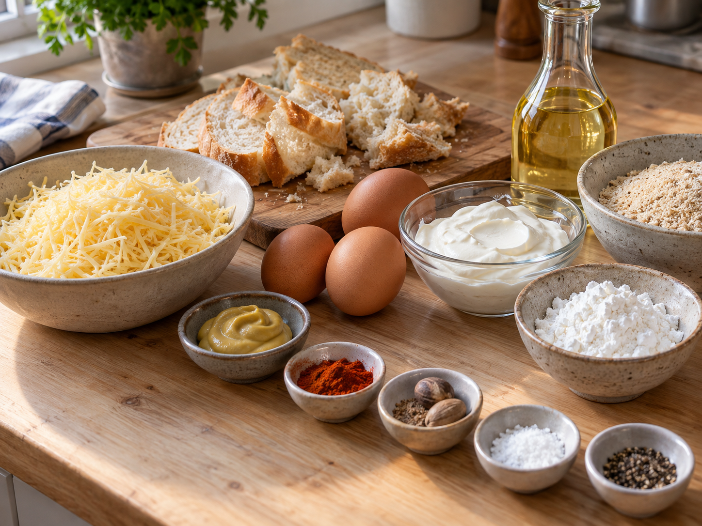 Zutaten für Käsekroketten mit geriebenem Käse, Brot und Semmelbröseln