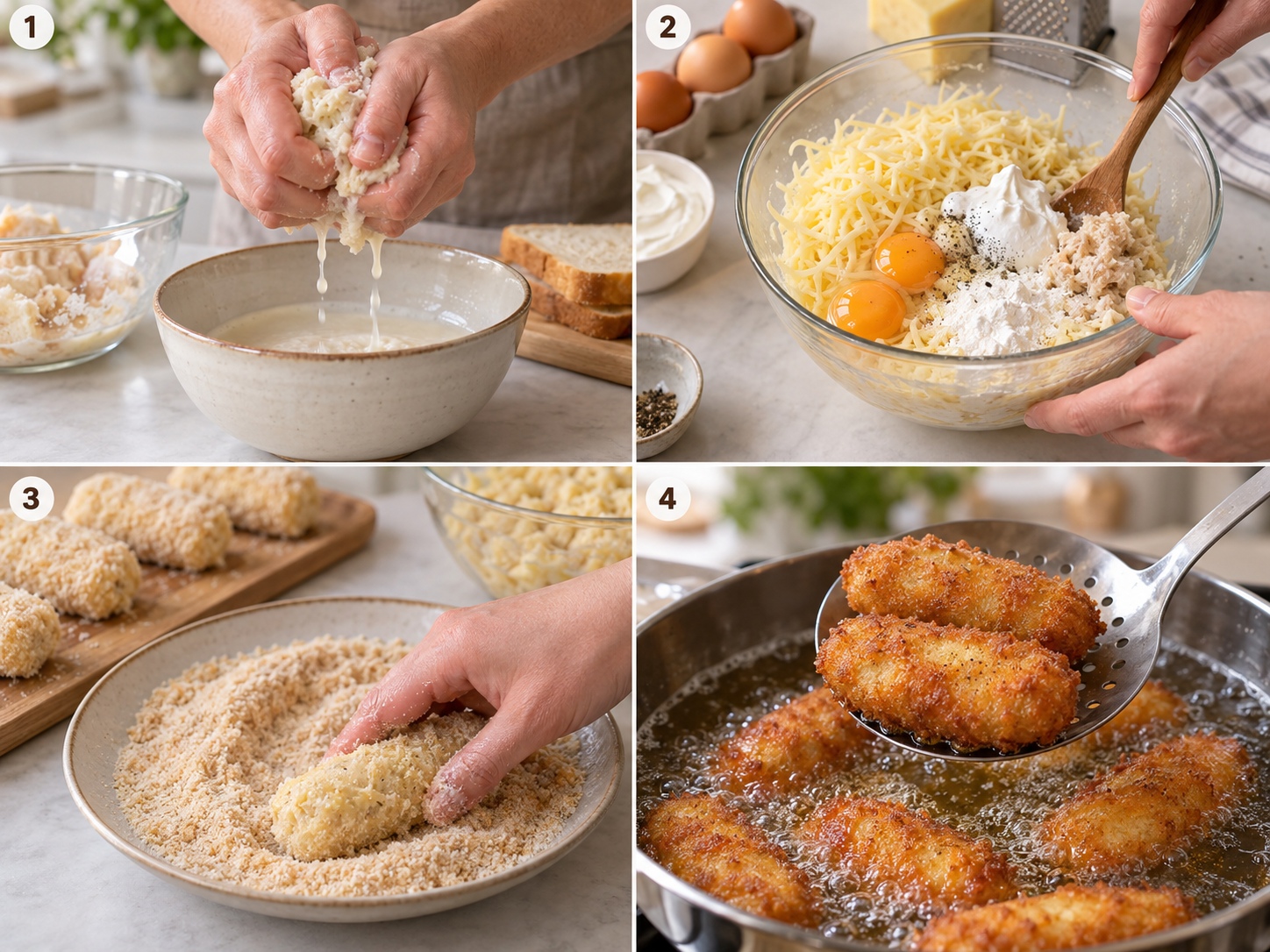 Vier Zubereitungsschritte für Käsekroketten vom Mischen bis Ausbacken