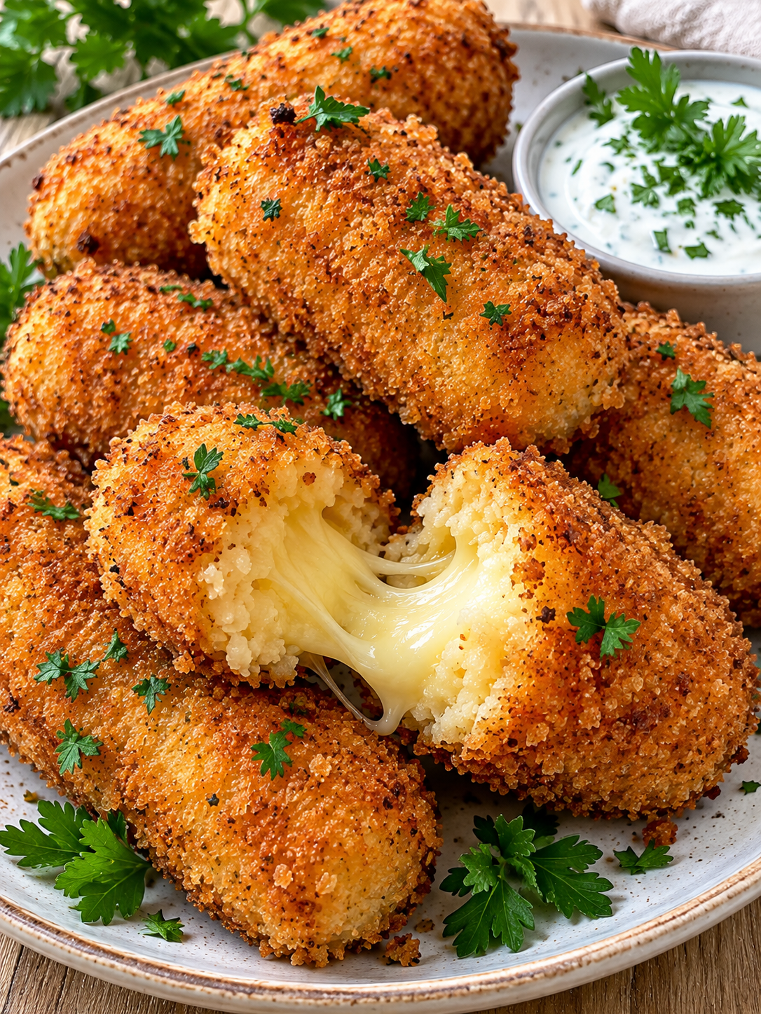 Käsekroketten auf hellem Teller mit geschmolzener Käsefüllung