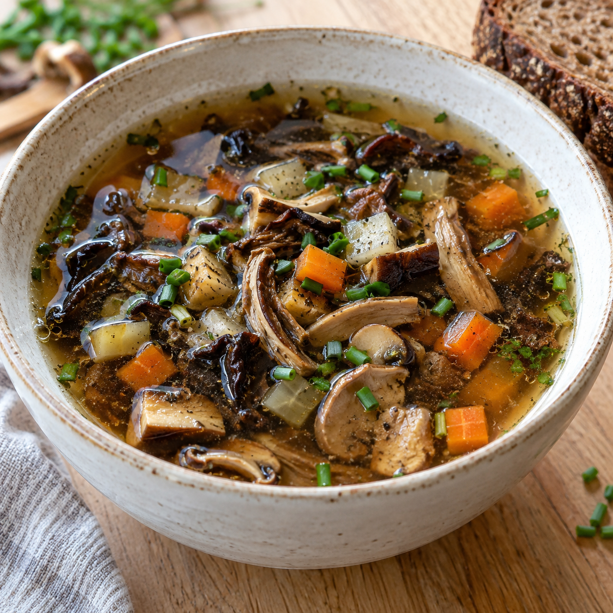 Kalte Pilzsuppe mit Pilzen, Gemüsewürfeln und Schnittlauch