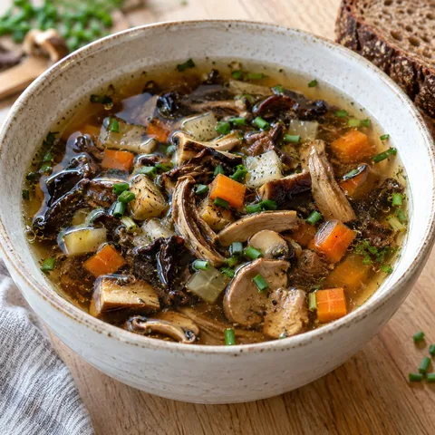Kalte Pilzsuppe mit Pilzen, Gemüsewürfeln und Schnittlauch