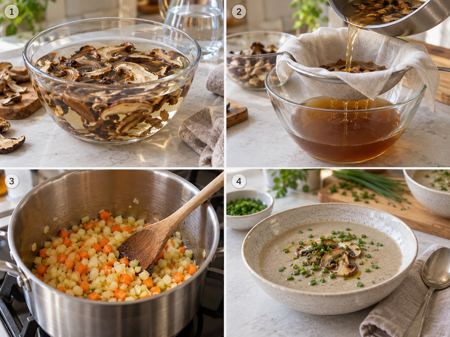Vier Schritte für kalte Pilzsuppe vom Einweichen bis zum Servieren