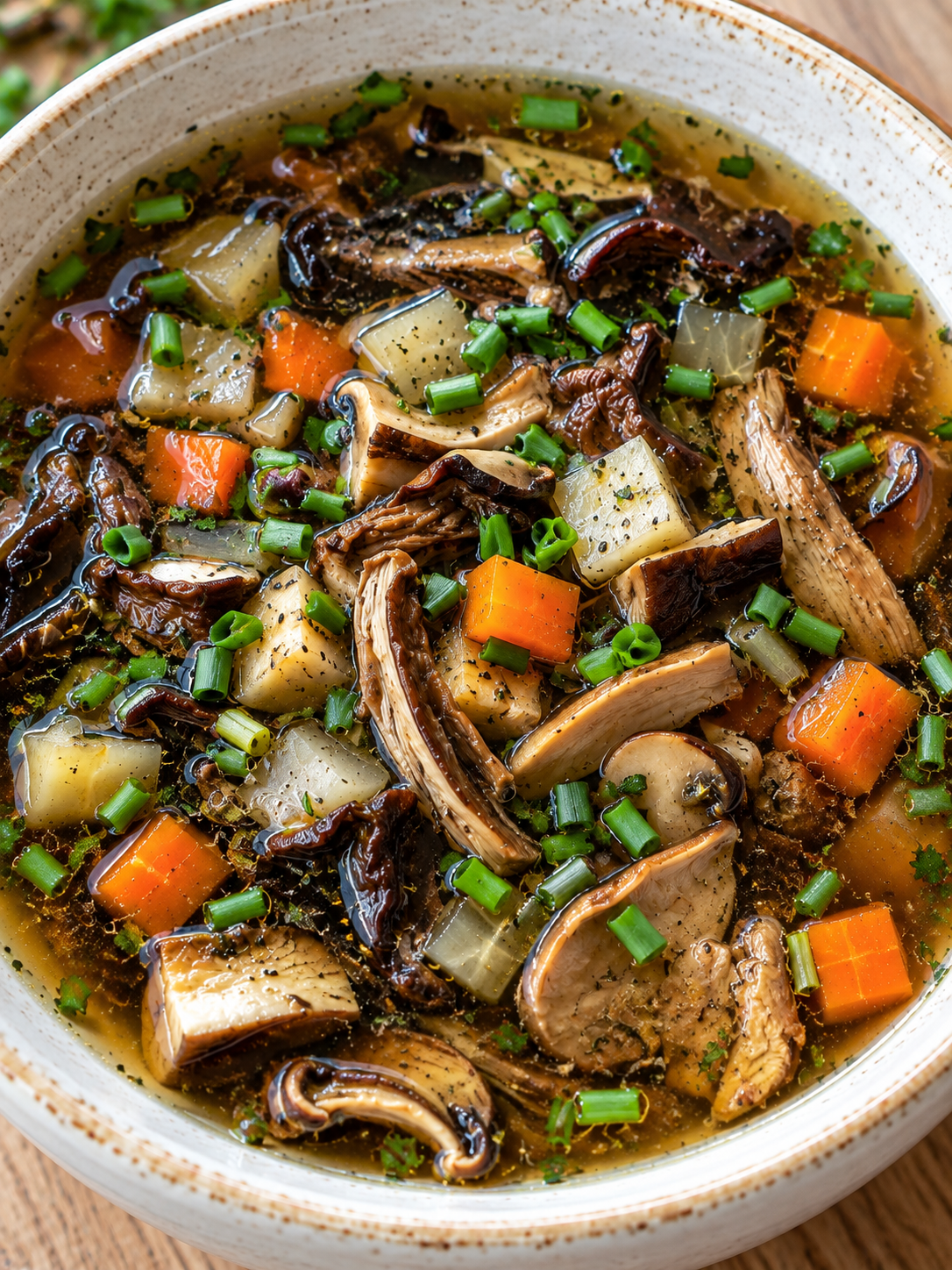 Kalte Pilzsuppe mit Gemüsewürfeln und frischem Schnittlauch