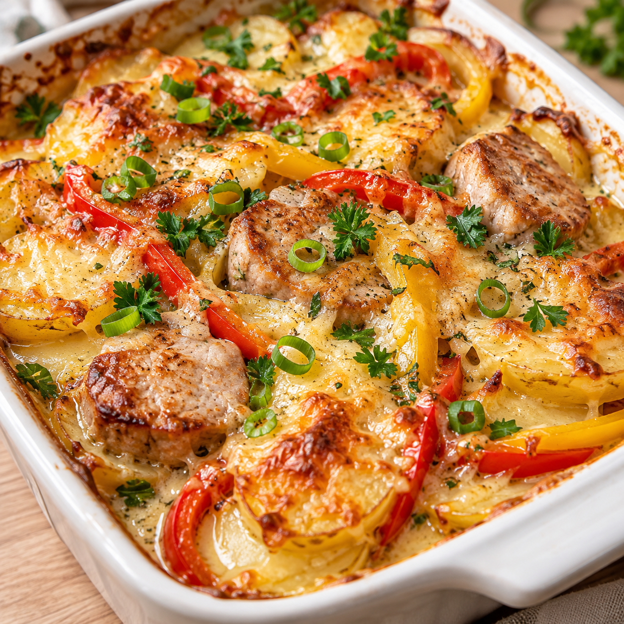Kartoffel-Auflauf mit Schweinefilet, Paprika und goldener Käsekruste