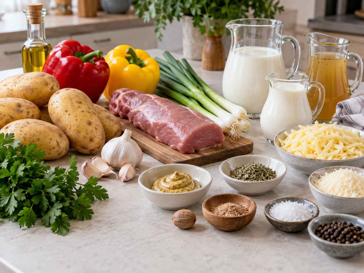 Zutaten für Kartoffel-Auflauf mit Schweinefilet auf heller Arbeitsfläche