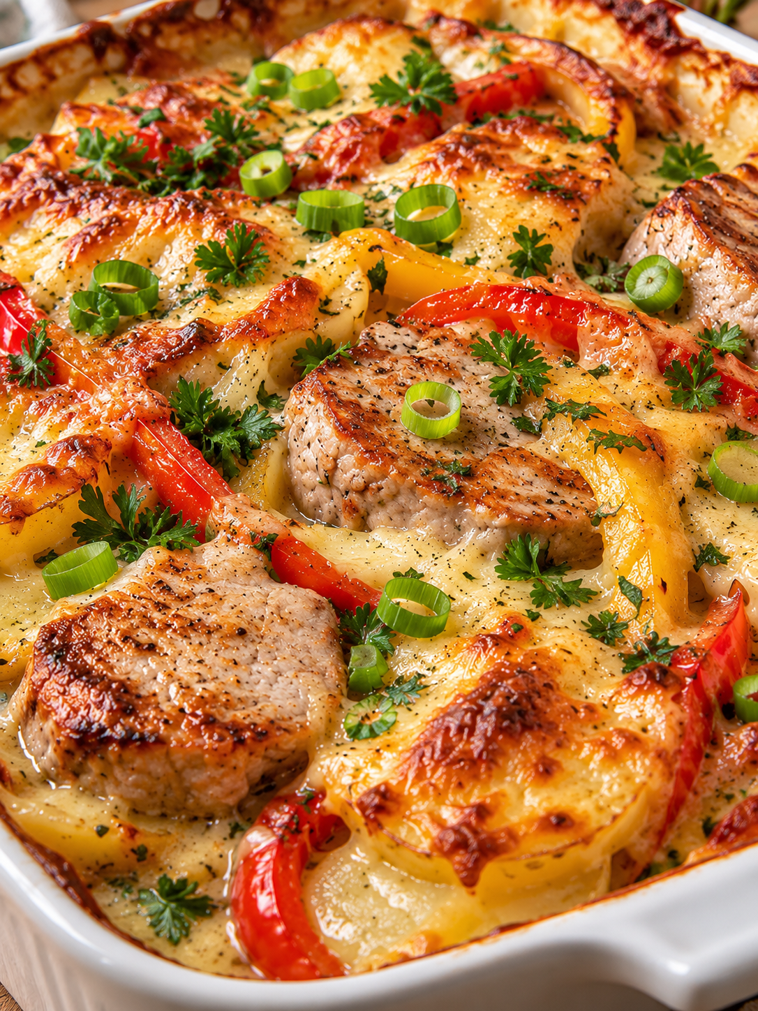 Cremiger Kartoffel-Auflauf mit Schweinefilet und Paprika in der Form