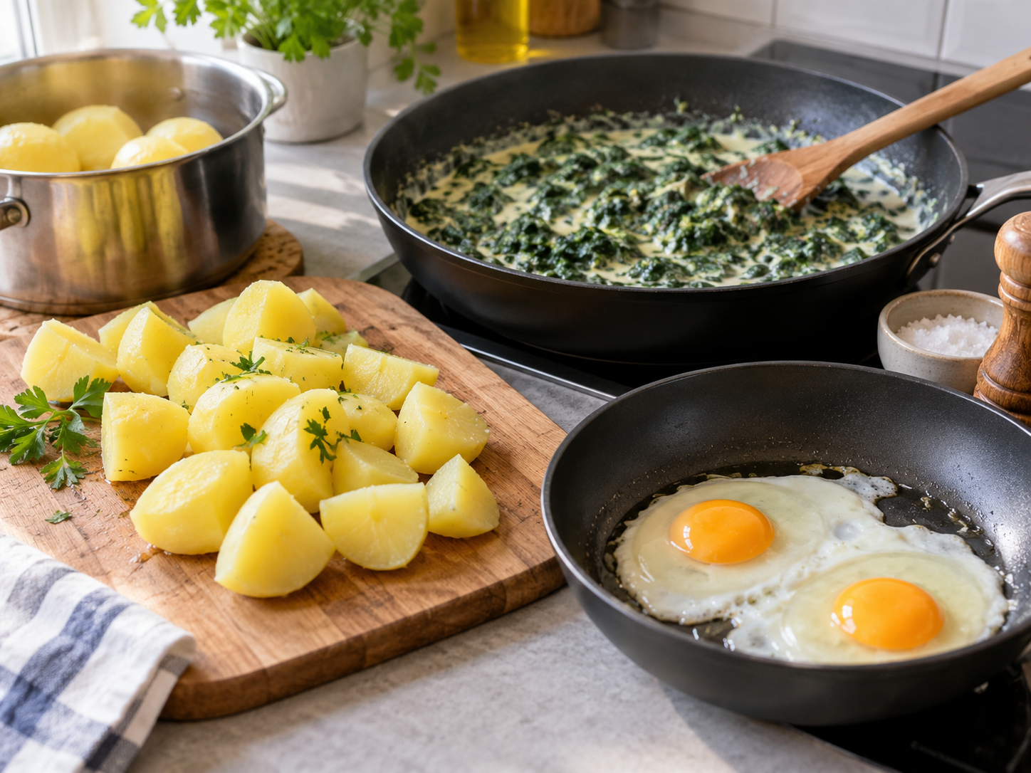 Vorbereitete Kartoffeln, Rahmspinat und Eier in einer hellen Küche