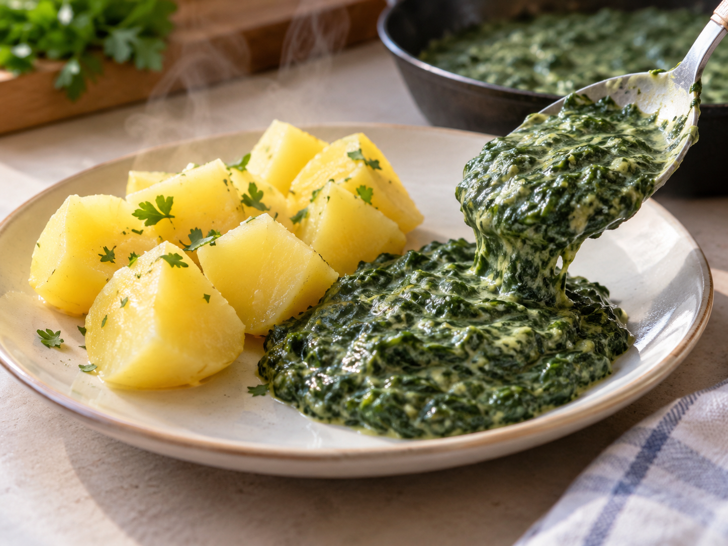 Cremiger Rahmspinat wird neben Kartoffeln auf einen Teller gegeben