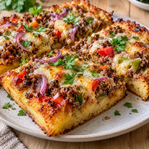 Kartoffelpizza mit Hackfleisch, Paprika, roten Zwiebeln und Käse
