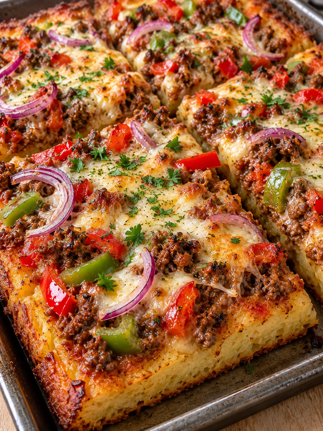 Goldbraune Kartoffelpizza mit Hackfleisch und Paprika vom Blech