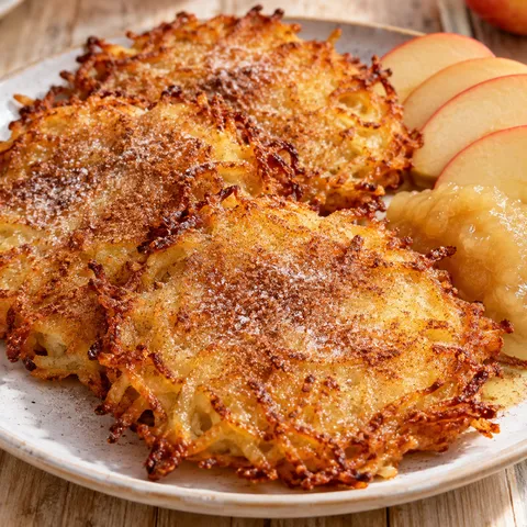 Goldbraune Kartoffelpuffer mit Apfel und Zimtzucker auf hellem Teller