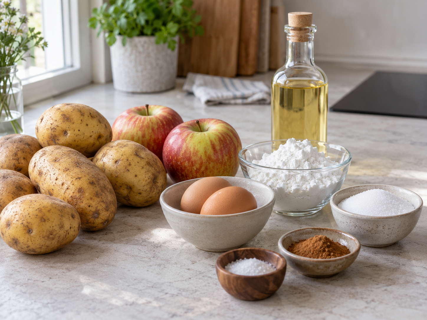 Zutaten für Kartoffelpuffer mit Äpfeln, Eiern, Stärke und Zimtzucker