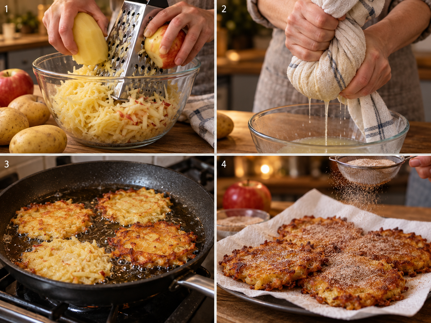Vier Schritte für Kartoffelpuffer vom Reiben bis zum Bestreuen