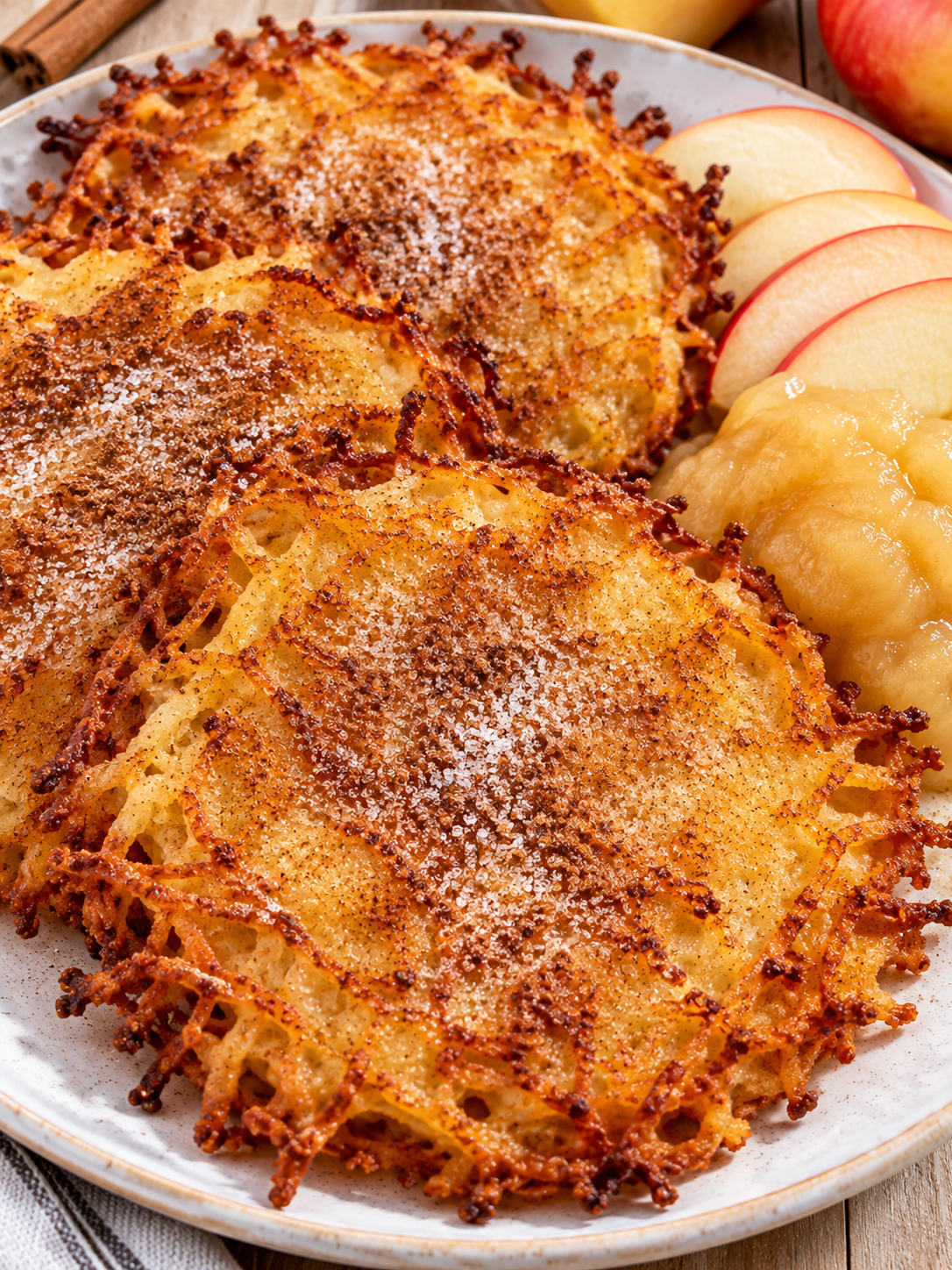 Kartoffelpuffer mit Zimtzucker, Apfelscheiben und Apfelmus
