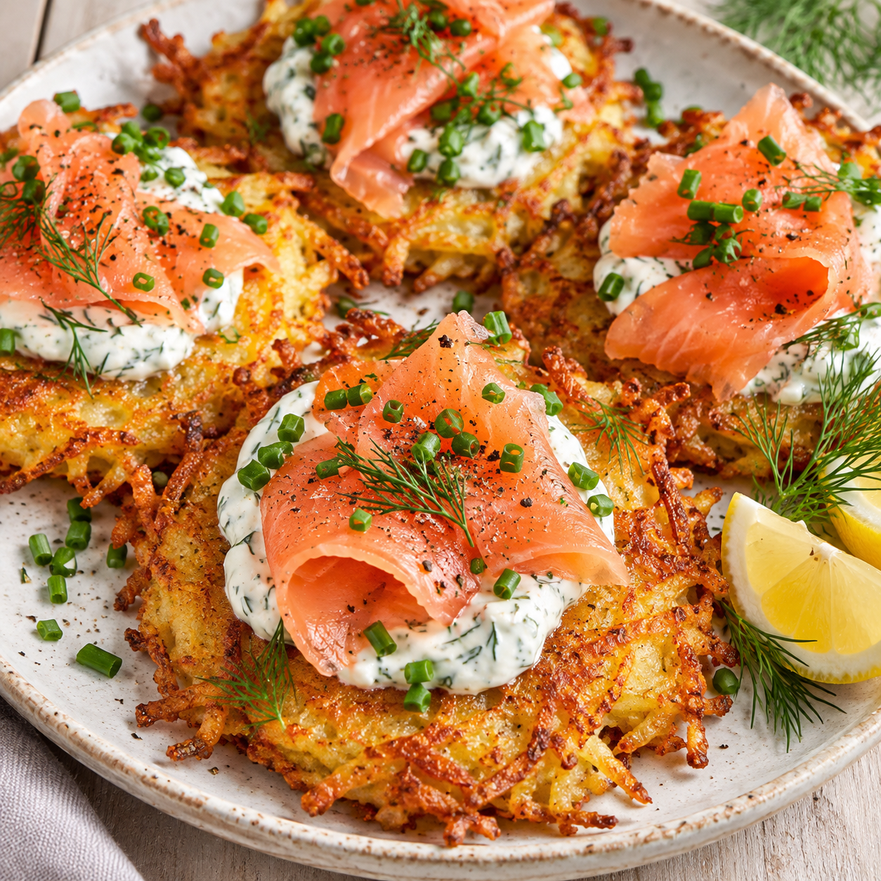 Kartoffelpuffer mit Räucherlachs, Dillcreme, Schnittlauch und Zitrone